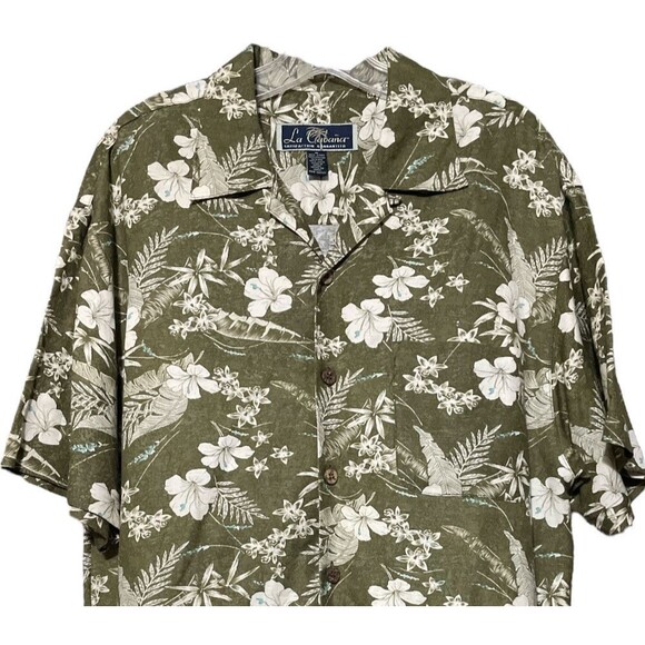 La Cabana Mens Green Floral Linen Blend Hawaiian Camp Shirt Size Medium - Picture 3 of 4